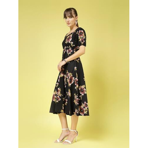 Oomph Women's Western & Fusion Wear Printed Crepe Dress For Women, Puffed Sleeve, Black - Md988