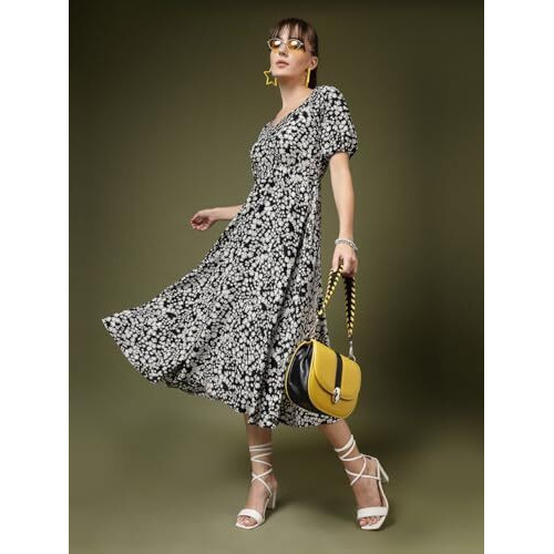 Oomph Women's Western & Fusion Wear Printed Crepe Dress For Women, Puffed Sleeve, Black - Md987
