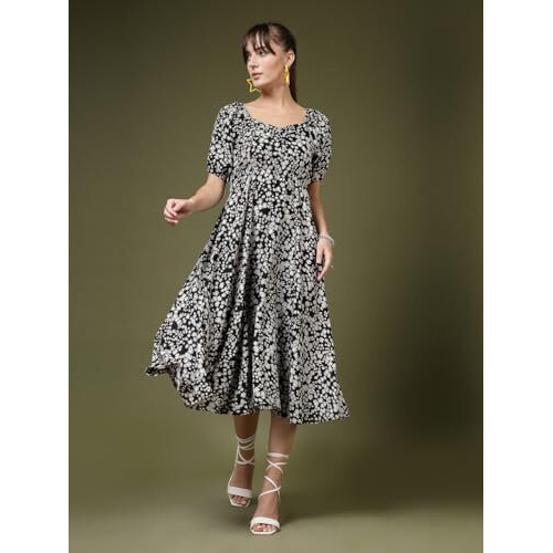 Oomph Women's Western & Fusion Wear Printed Crepe Dress For Women, Puffed Sleeve, Black - Md987
