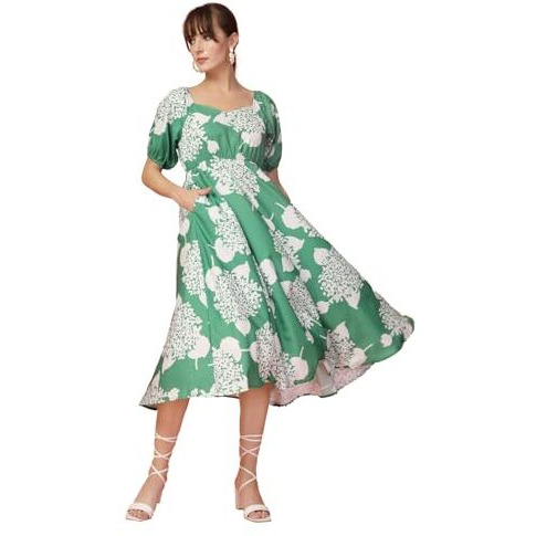 Oomph Women's Western & Fusion Wear Printed Crepe Dress For Women, Puffed Sleeve, Green - Md1039