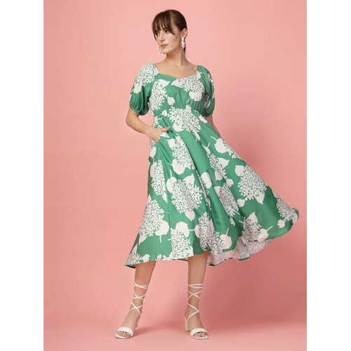Oomph Women's Western & Fusion Wear Printed Crepe Dress For Women, Puffed Sleeve, Green - Md1039