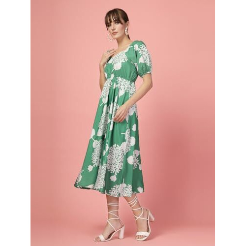 Oomph Women's Western & Fusion Wear Printed Crepe Dress For Women, Puffed Sleeve, Green - Md1039