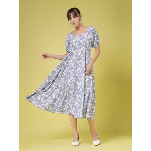 Oomph Women's Western & Fusion Wear Printed Crepe Dress For Women, Puffed Sleeve, Multicolor - Md991