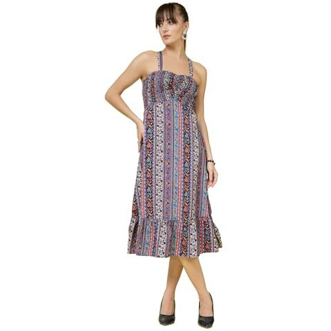 Oomph Women's Western & Fusion Wear Printed Crepe Dress For Women, Smocked Bodice, Black - Md1030