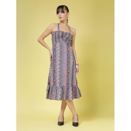 Oomph Women's Western & Fusion Wear Printed Crepe Dress For Women, Smocked Bodice, Black - Md1030