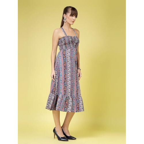 Oomph Women's Western & Fusion Wear Printed Crepe Dress For Women, Smocked Bodice, Black - Md1030