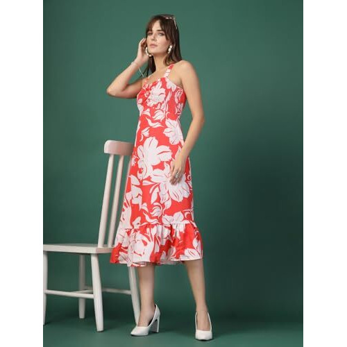 Oomph Women's Western & Fusion Wear Printed Crepe Dress For Women, Smocked Bodice, Red - Md1050