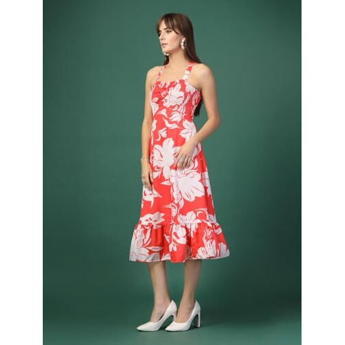 Oomph Women's Western & Fusion Wear Printed Crepe Dress For Women, Smocked Bodice, Red - Md1050