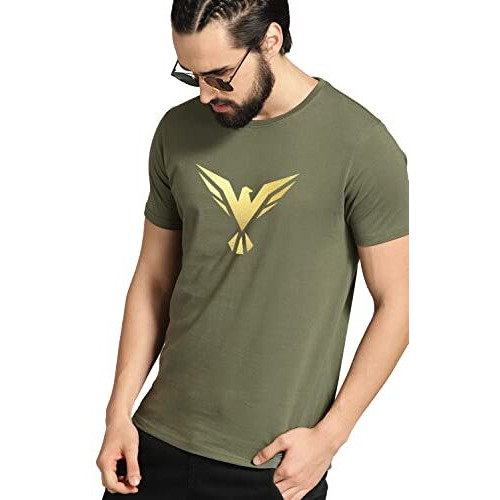 Adro Men's Bird Gold Printed Cotton T-Shirt (Rn23-Gl-Bir-Ol_Olive_M)