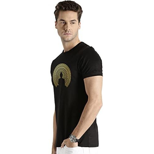 Adro Men's Budha Gold Printed Cotton T-Shirt (Rn23-Gl-Bud-Bl_Black_Xl)