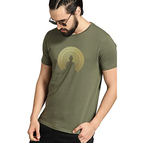 Adro Men's Budha Gold Printed Cotton T-Shirt (Rn23-Gl-Bud-Ol_Olive_M)