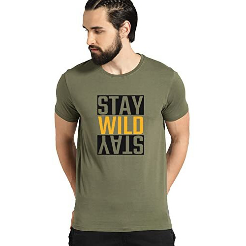 Adro Men's Stay Wild Typography Printed Cotton T-Shirt (Rnr-M-Wild-Ol_Olive_L)