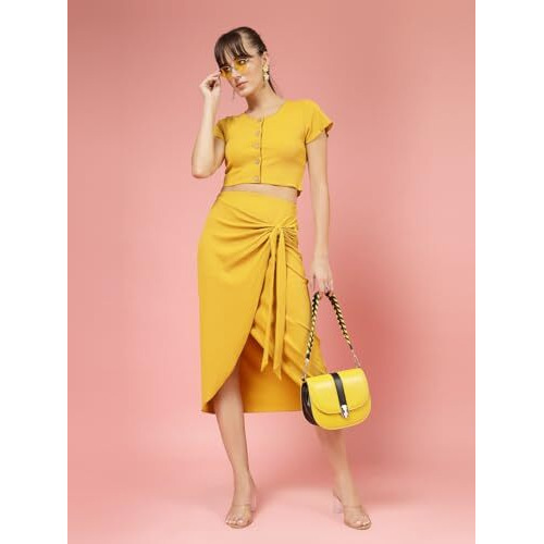 Oomph Stretchable Lycra Coord Crop Top And Skirt Set For Women, Yellow - Coord_Mt832Msk091
