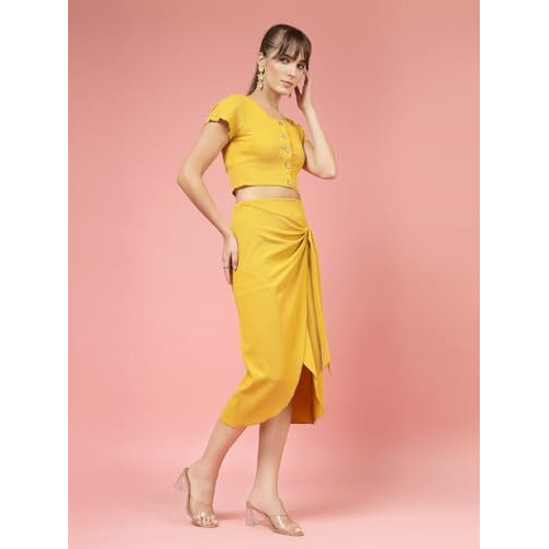 Oomph Stretchable Lycra Coord Crop Top And Skirt Set For Women, Yellow - Coord_Mt832Msk091