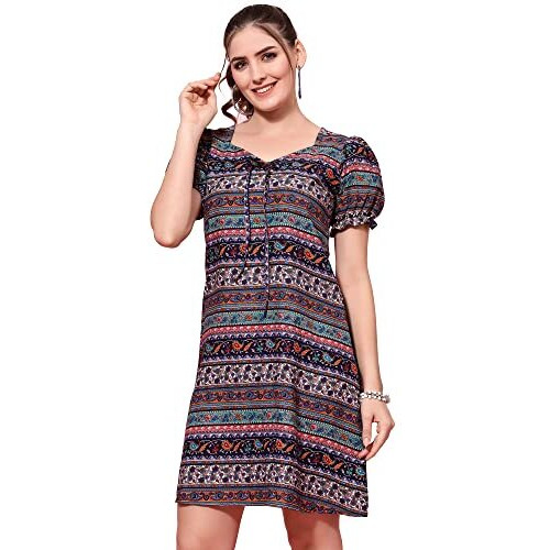 Oomph Women's Western & Fusion Wear Mini/Short Sheath Multicolor Dress In Crepe Fabric With U - Neck And Puff Sleeves - Md608M