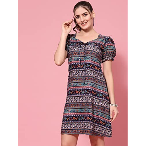 Oomph Women's Western & Fusion Wear Mini/Short Sheath Multicolor Dress In Crepe Fabric With U - Neck And Puff Sleeves - Md608M
