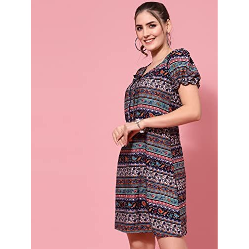 Oomph Women's Western & Fusion Wear Mini/Short Sheath Multicolor Dress In Crepe Fabric With U - Neck And Puff Sleeves - Md608M