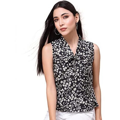 Oomph Women's Crepe Printed Top With Tie Neck And Sleeveless