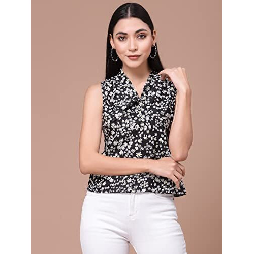 Oomph Women's Crepe Printed Top With Tie Neck And Sleeveless