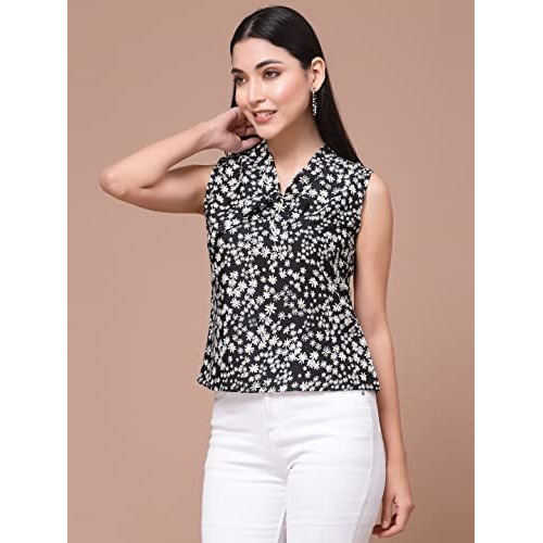 Oomph Women's Crepe Printed Top With Tie Neck And Sleeveless