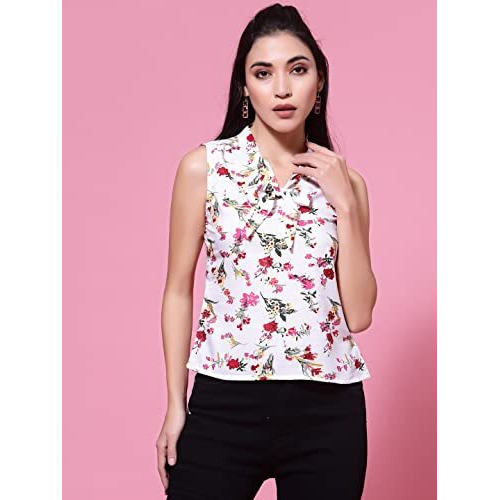 Oomph Women's Crepe Printed Top With Tie Neck And Sleeveless