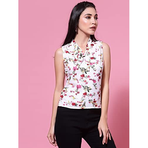 Oomph Women's Crepe Printed Top With Tie Neck And Sleeveless