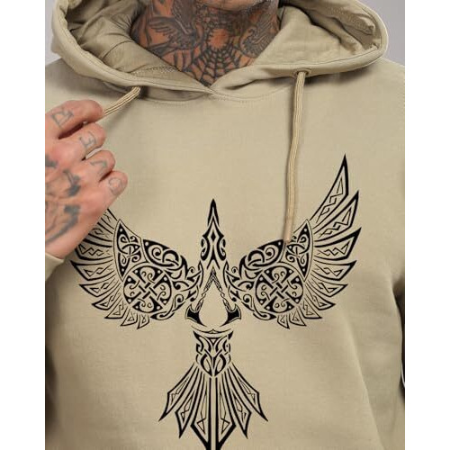 Adro Men's Cotton Neck Hooded Sweatshirt (H24-Bird-Be_Beige