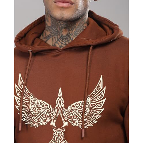 Adro Men's Cotton Neck Hooded Sweatshirt (H24-Bird-Br_Downtown Brown