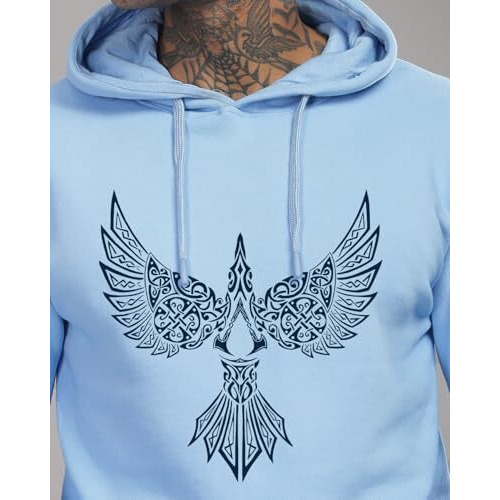 Adro Men's Cotton Neck Hooded Sweatshirt (H24-Bird-Sk_Sky Blue