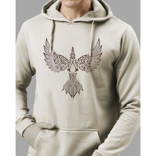 Adro Men's Cotton Neck Hooded Sweatshirt (H24-Bird-Ws_White Sand