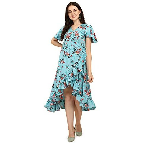 Oomph Women's Western & Fusion Wear Wrap Midi Dresses For Women, Blue - Md322