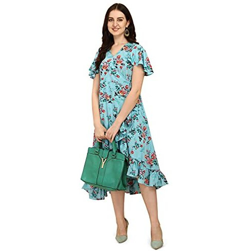 Oomph Women's Western & Fusion Wear Wrap Midi Dresses For Women, Blue - Md322