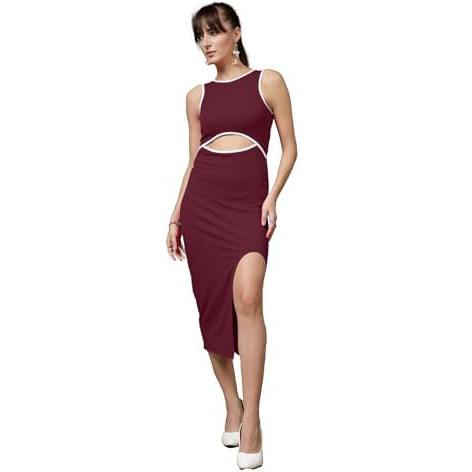 Oomph Women's Western & Fusion Wear Stretchable Midi Lycra Dress For Women, Bodycon, Purple - Md1083