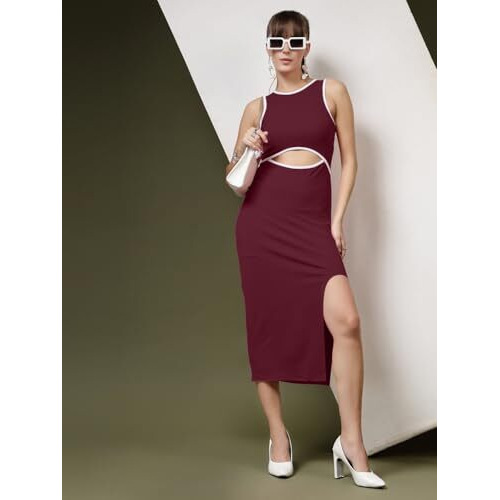 Oomph Women's Western & Fusion Wear Stretchable Midi Lycra Dress For Women, Bodycon, Purple - Md1083