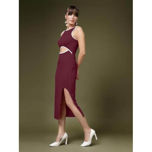 Oomph Women's Western & Fusion Wear Stretchable Midi Lycra Dress For Women, Bodycon, Purple - Md1083