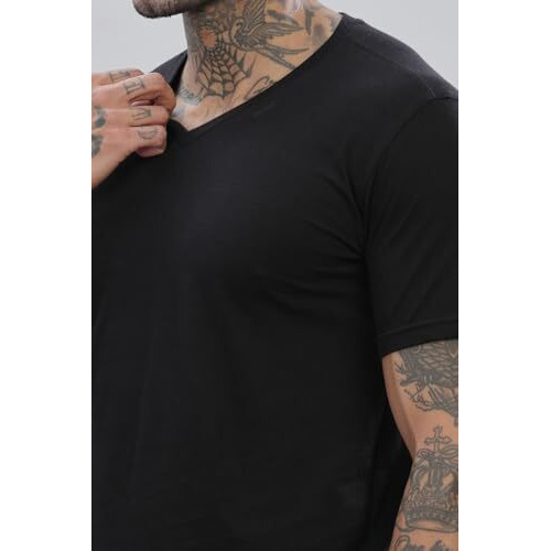 Adro V-Neck T Shirt For Men, 100% Cotton Vneck Tshirt Is Ideal For Casual Wear, Workouts And Loungewear, Adding A Stylish Touch.|Vn24-Pln-Bl-M Black