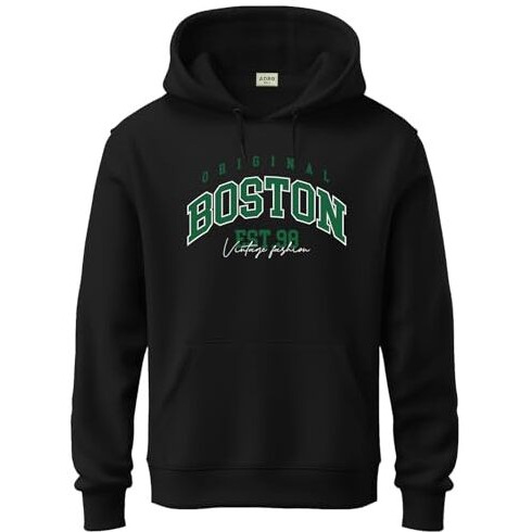 Adro Men's Cotton Neck Hooded Regular Sweatshirt (H24-Bost-Bl_Black, Large