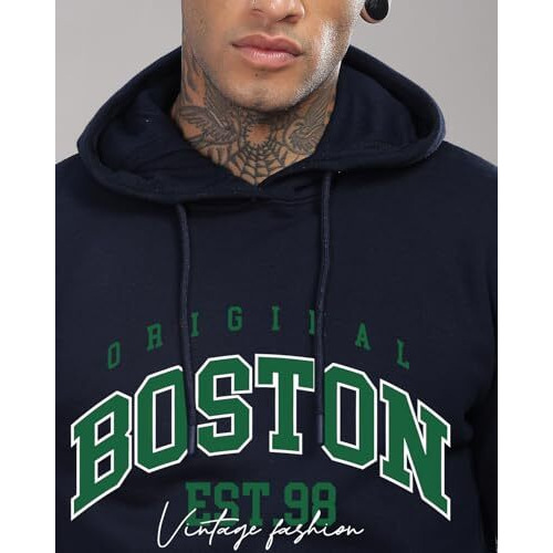 Adro Men's Cotton Neck Hooded Sweatshirt (H24-Bost-Nb_Navy Blue
