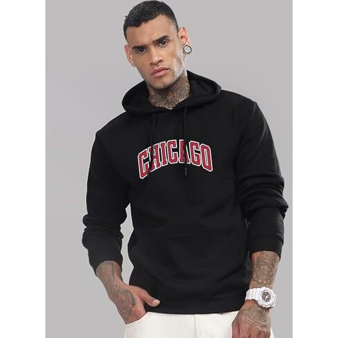 Adro Men's Cotton Neck Hooded Sweatshirt (H24-Cago-Bl-M_Black)