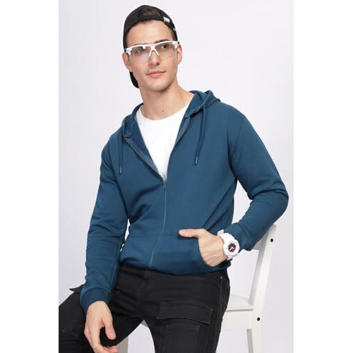 Adro Men's Cotton Neck Hooded Sweatshirt (Zhh-24-Pln-Sb_Teal