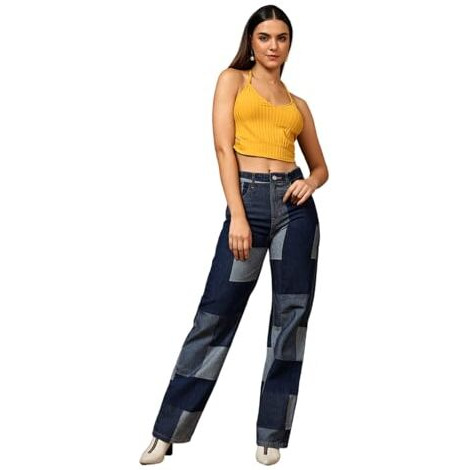 Kotty Women's Checkered Pure Cotton Wide Leg Jeans(Blue,32)