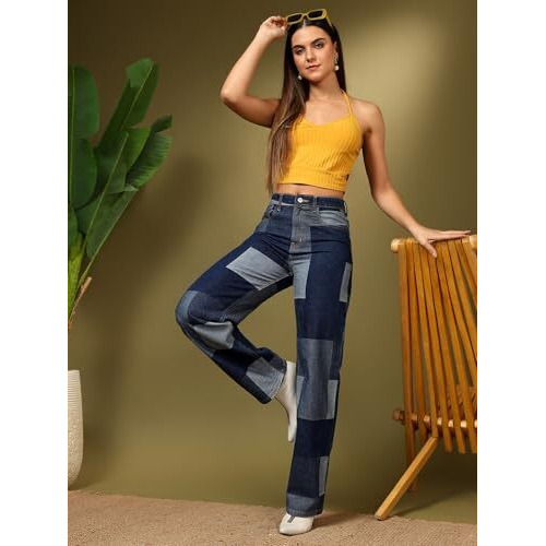 Kotty Women's Checkered Pure Cotton Wide Leg Jeans(Blue,32)