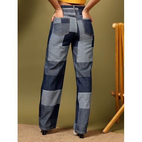 Kotty Women's Checkered Pure Cotton Wide Leg Jeans(Blue,32)