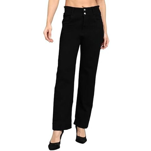 Nifty Women's Denim Stretchable 2-Button Straight Fit Jeans (1472_Blk_28_Black_28)