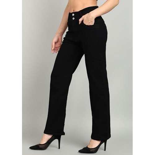 Nifty Women's Denim Stretchable 2-Button Straight Fit Jeans (1472_Blk_28_Black_28)