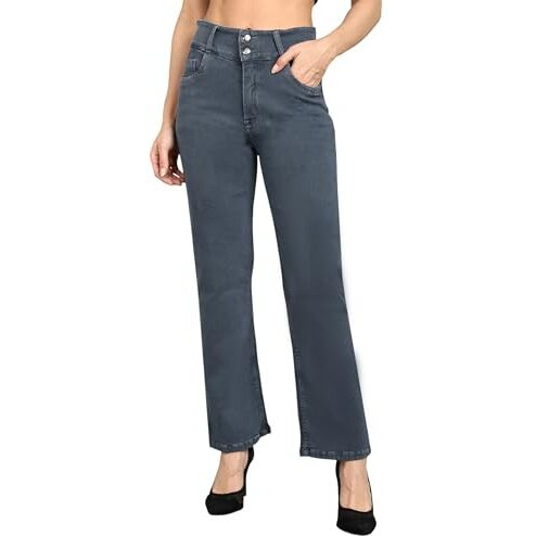 Nifty Women's Denim Stretchable 2-Button Straight Fit Jeans (1472_Gry_34_Grey_34)