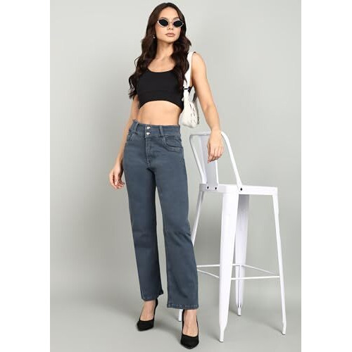 Nifty Women's Denim Stretchable 2-Button Straight Fit Jeans (1472_Gry_34_Grey_34)