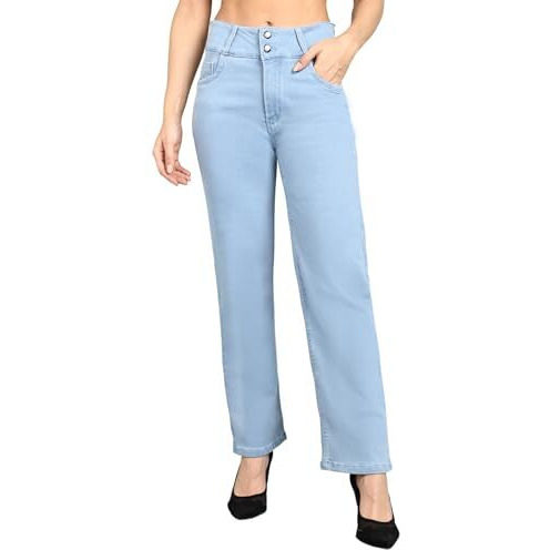 Nifty Women's Denim Stretchable 2-Button Straight Fit Jeans (1472_Ice_34_Sky_Blue_34)