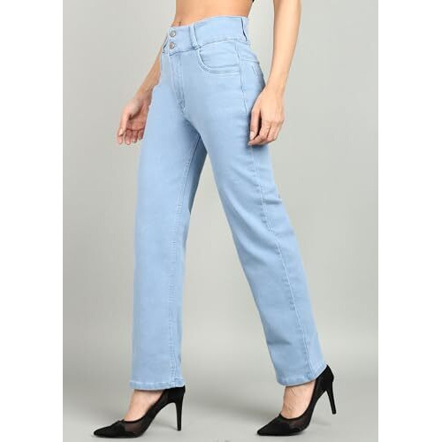 Nifty Women's Denim Stretchable 2-Button Straight Fit Jeans (1472_Ice_34_Sky_Blue_34)