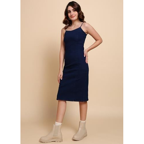 Nifty Women's Denim Stretchable Bodycon Dress (1476_Bsc_L_Blue_Large)
